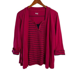 Basic Editions Blouse XL Pink Striped 3/4 Sleeves Cardigan Blouse Knit Top Work